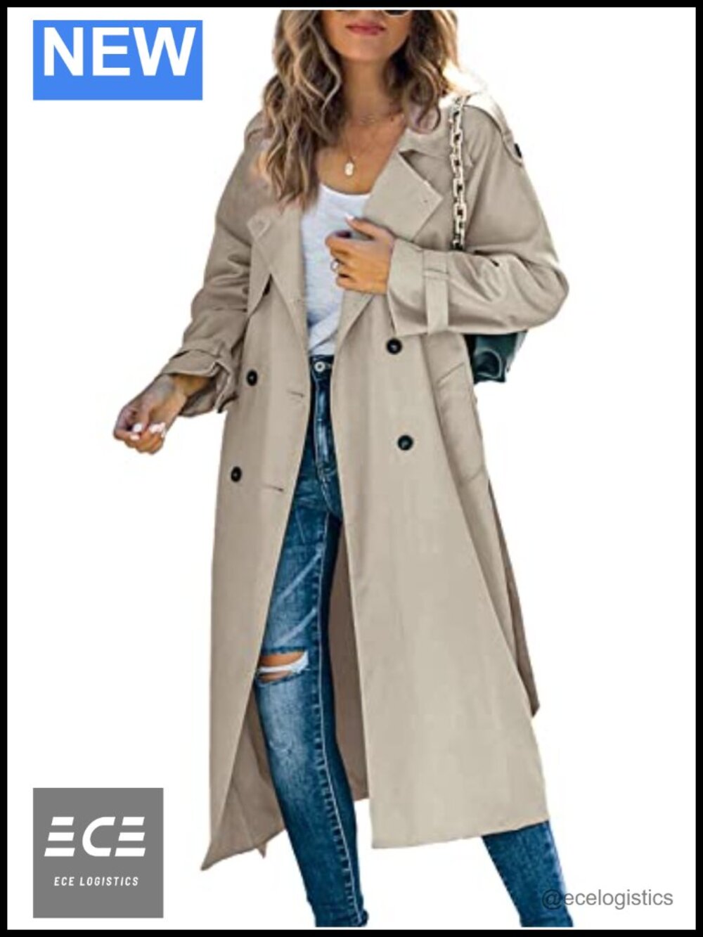 Womens Long Trench Coat Double Breasted Windproof Overcoat With Belt